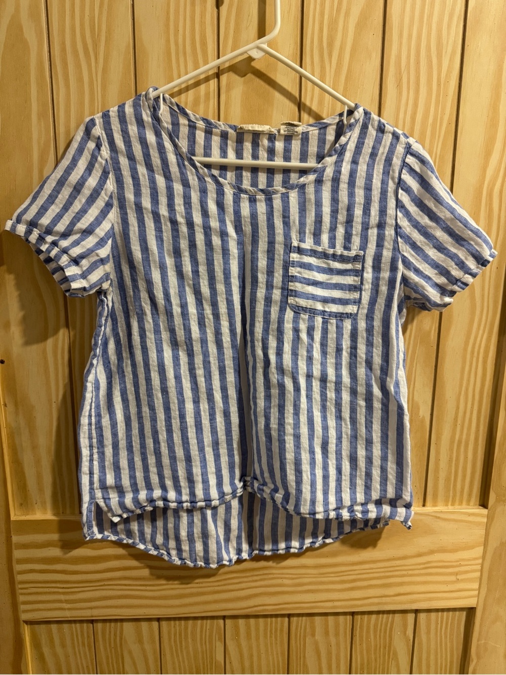 Christian Siriano—100% Linen Blue and White stripped short sleeve blouse—Small
